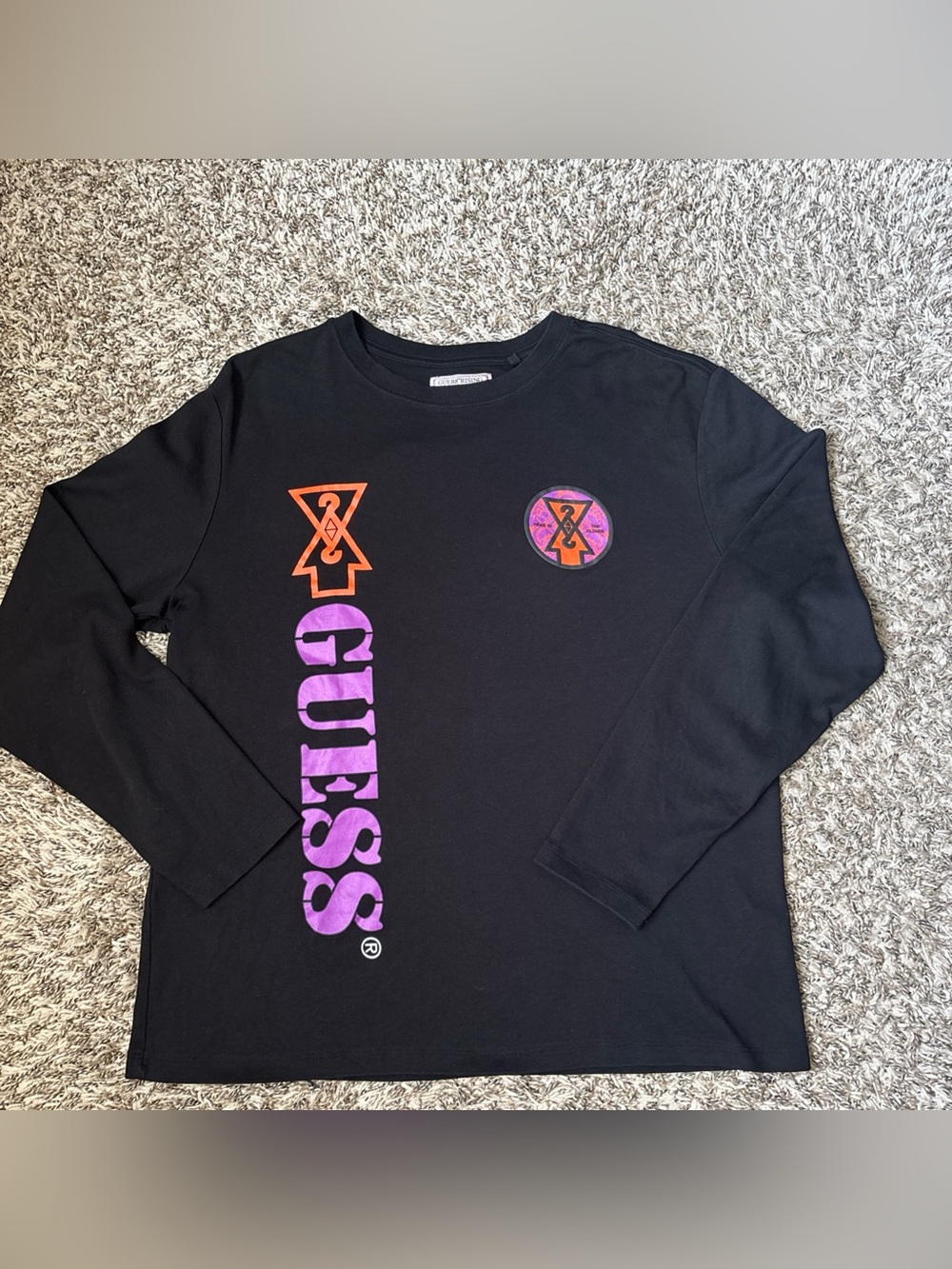 GUESS Black Long Sleeve Tee with Purple & Orange Logo Accents